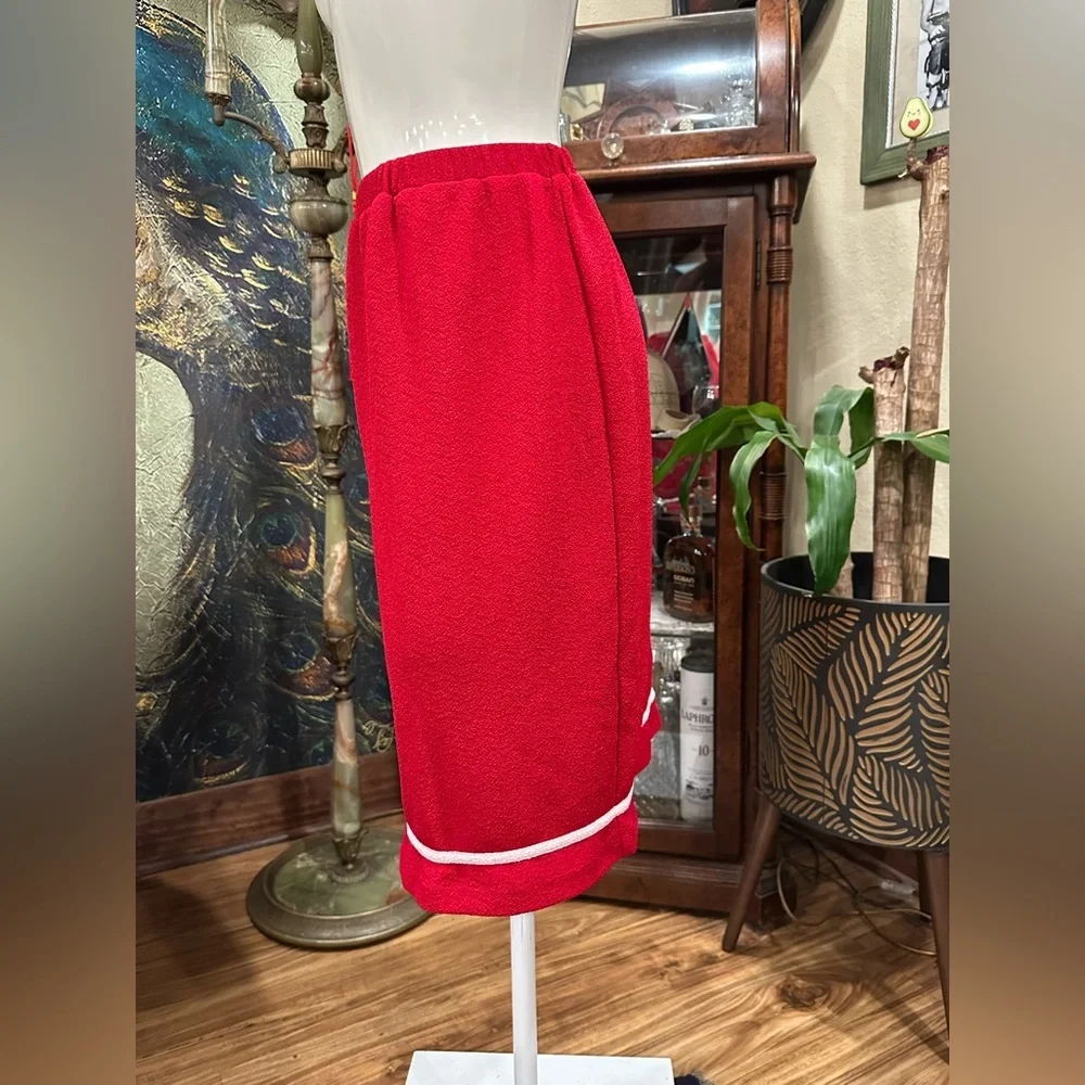 Vintage 60s 70s Red Terry Cloth Pencil Skirt White Piping Mod Retro Midi S/M